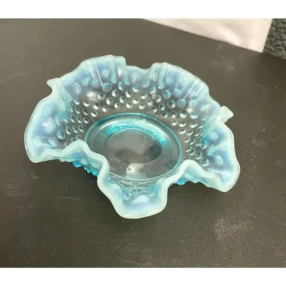 VTG Fenton Ruffled Blue Hobnail Glass Candy Dish Crimped Edges Home Decor - Picture 13 of 16